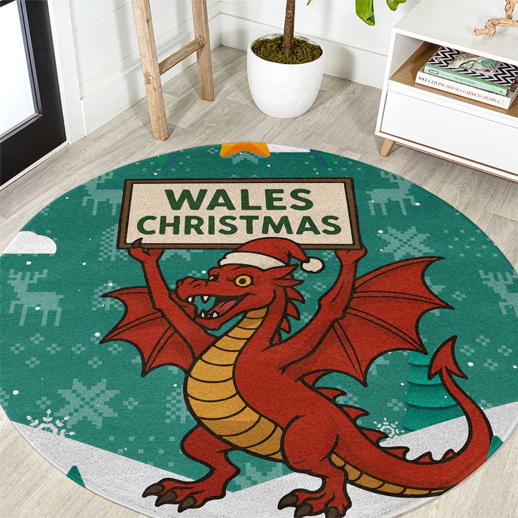 Wales Christmas Round Carpet with Red Dragon Santa Sleigh and Festive Green Snowflake - Wonder Print Shop