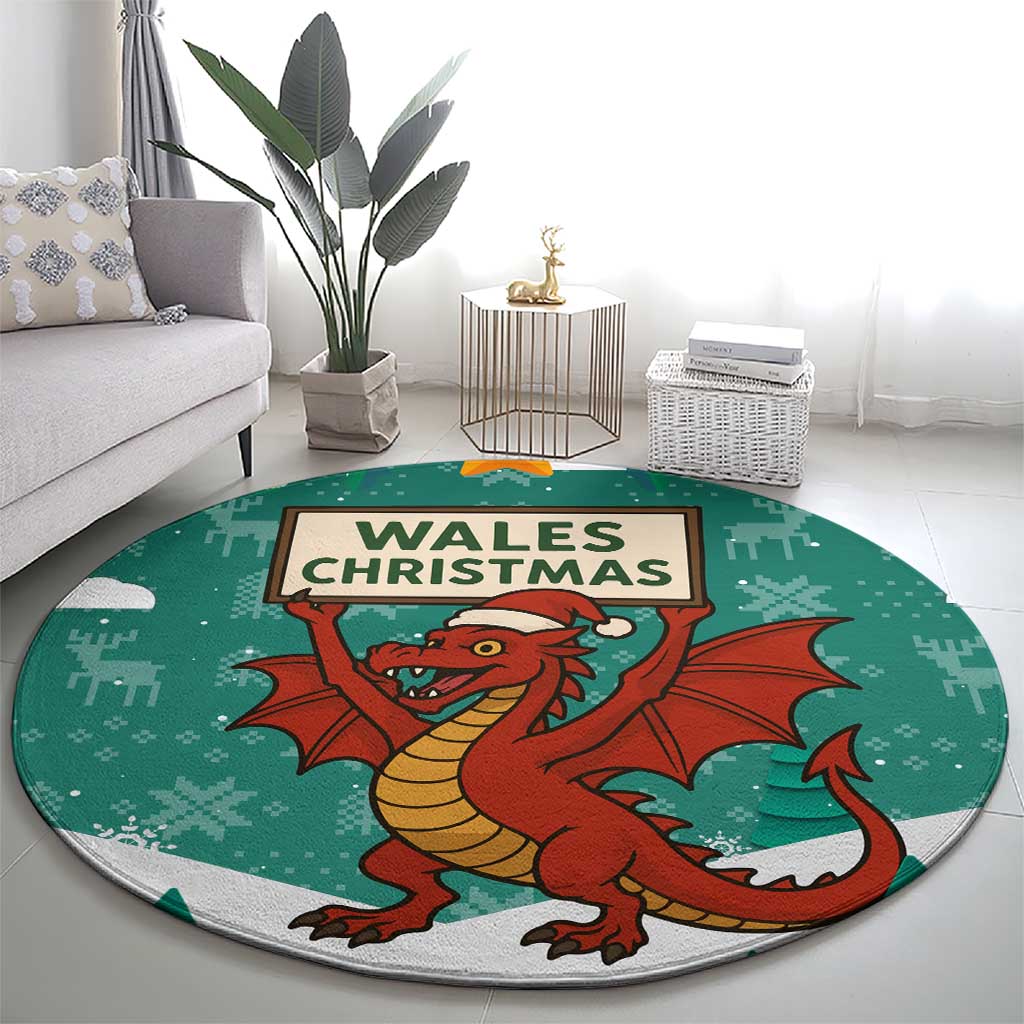 Wales Christmas Round Carpet with Red Dragon Santa Sleigh and Festive Green Snowflake - Wonder Print Shop