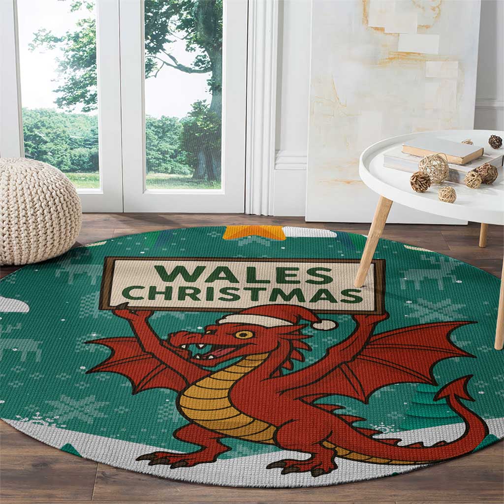 Wales Christmas Round Carpet with Red Dragon Santa Sleigh and Festive Green Snowflake - Wonder Print Shop