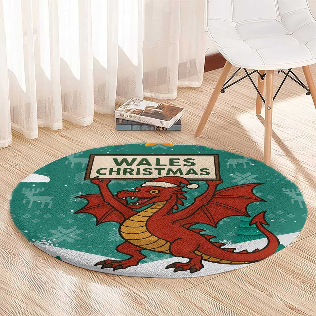 Wales Christmas Round Carpet with Red Dragon Santa Sleigh and Festive Green Snowflake - Wonder Print Shop