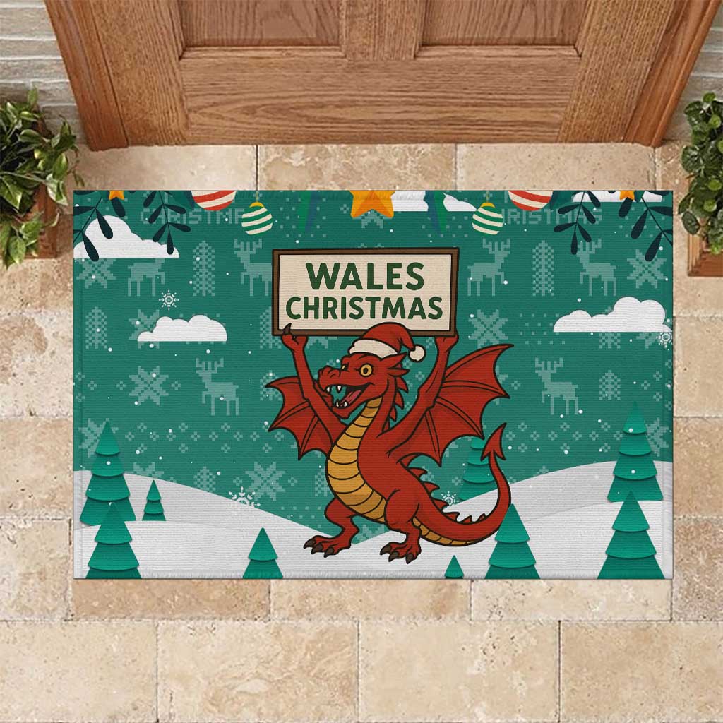Wales Christmas Rubber Doormat with Red Dragon Santa Sleigh and Festive Green Snowflake - Wonder Print Shop