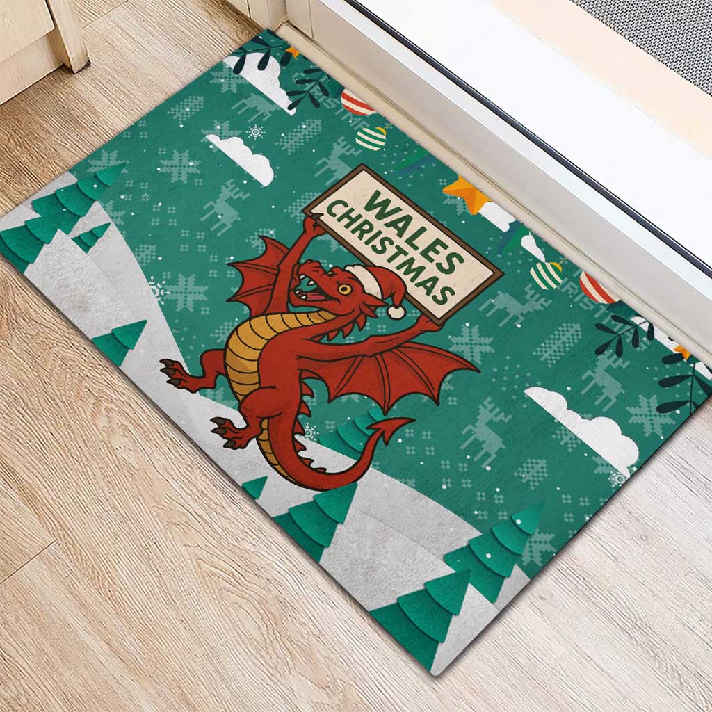 Wales Christmas Rubber Doormat with Red Dragon Santa Sleigh and Festive Green Snowflake - Wonder Print Shop