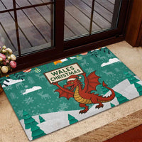 Wales Christmas Rubber Doormat with Red Dragon Santa Sleigh and Festive Green Snowflake - Wonder Print Shop