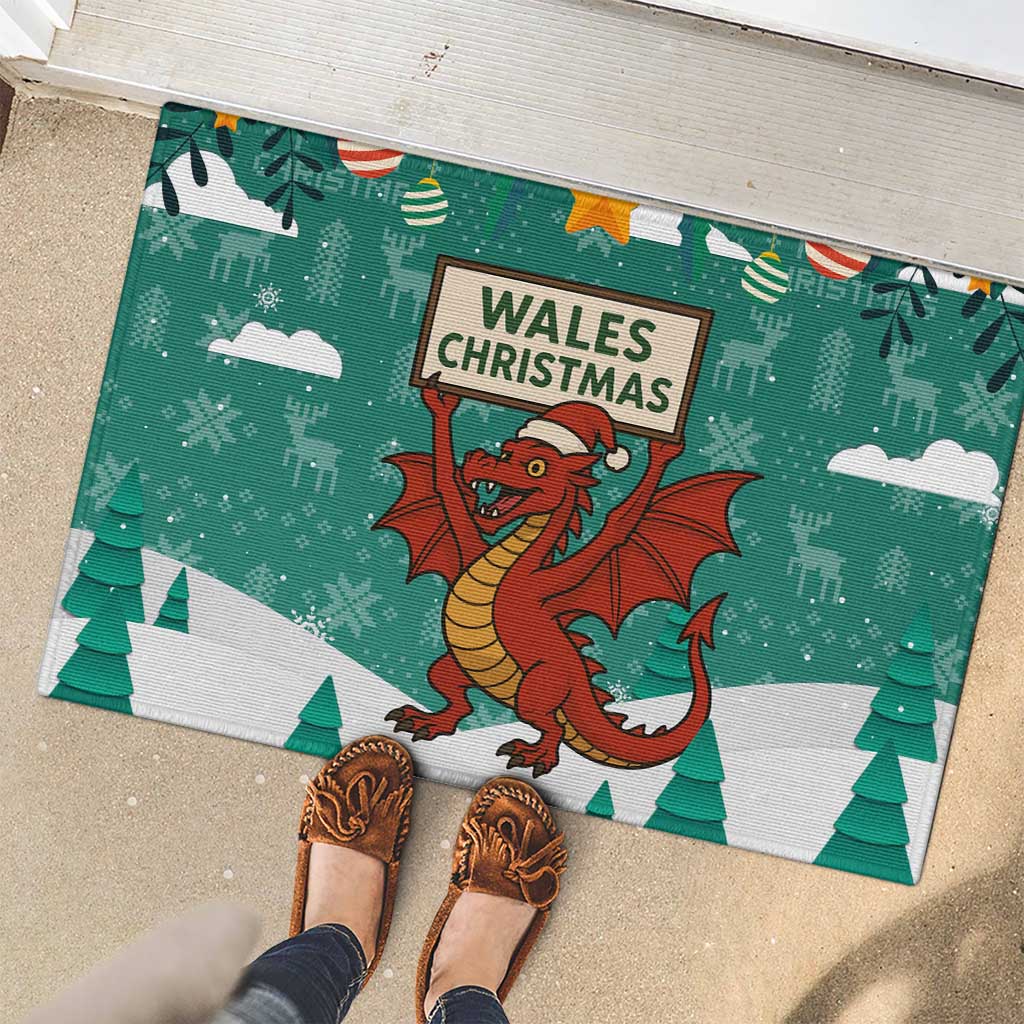 Wales Christmas Rubber Doormat with Red Dragon Santa Sleigh and Festive Green Snowflake - Wonder Print Shop