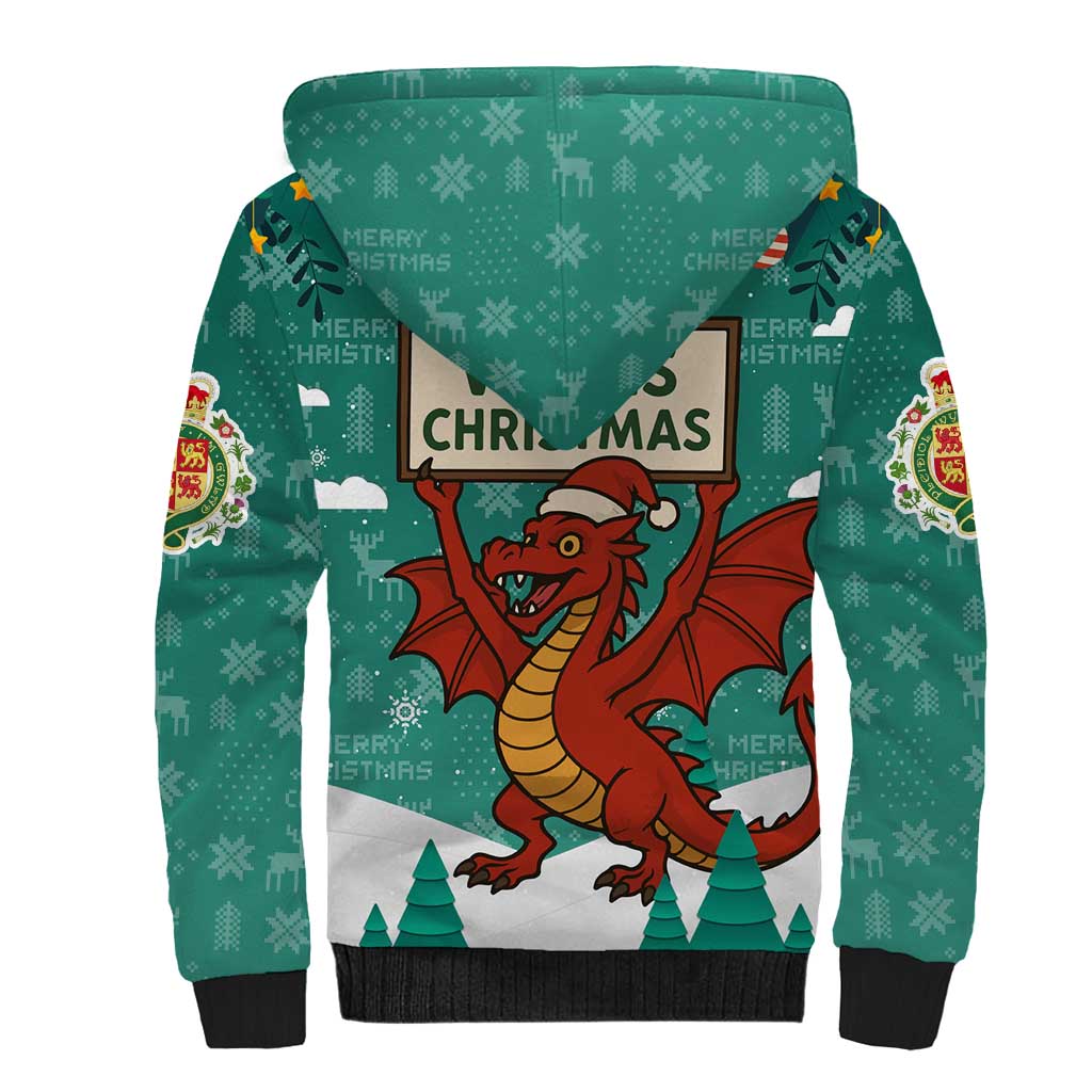 Wales Christmas Sherpa Hoodie with Red Dragon Santa Sleigh and Festive Green Snowflake - Wonder Print Shop