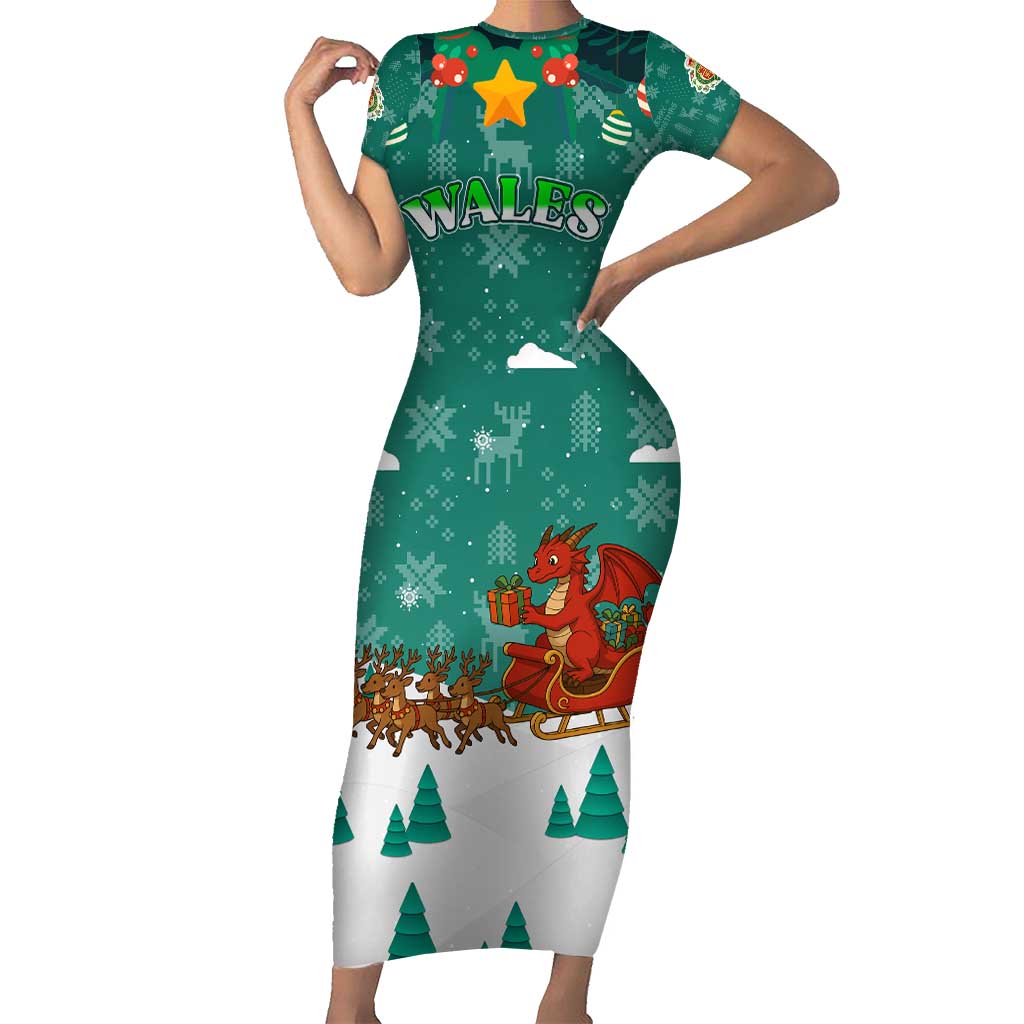 Wales Christmas Short Sleeve Bodycon Dress with Red Dragon Santa Sleigh and Festive Green Snowflake - Wonder Print Shop