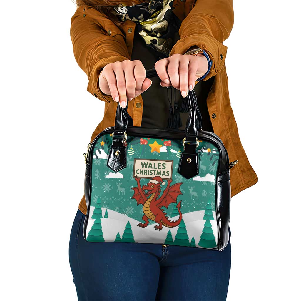 Wales Christmas Shoulder Handbag with Red Dragon Santa Sleigh and Festive Green Snowflake - Wonder Print Shop