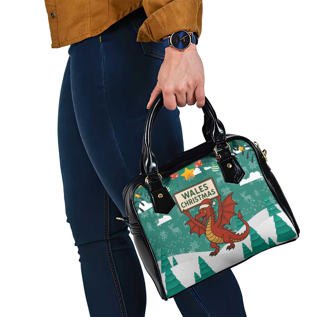 Wales Christmas Shoulder Handbag with Red Dragon Santa Sleigh and Festive Green Snowflake - Wonder Print Shop