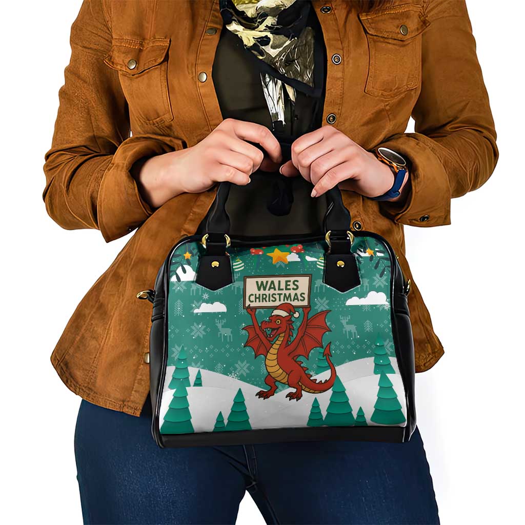Wales Christmas Shoulder Handbag with Red Dragon Santa Sleigh and Festive Green Snowflake - Wonder Print Shop