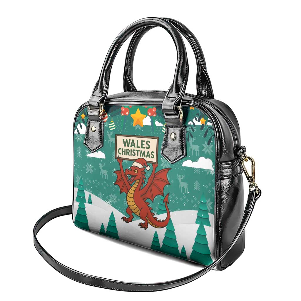 Wales Christmas Shoulder Handbag with Red Dragon Santa Sleigh and Festive Green Snowflake - Wonder Print Shop