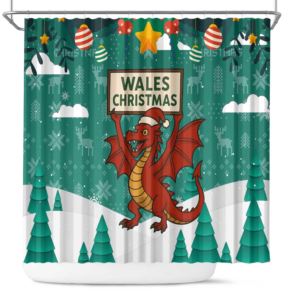 Wales Christmas Shower Curtain with Red Dragon Santa Sleigh and Festive Green Snowflake - Wonder Print Shop