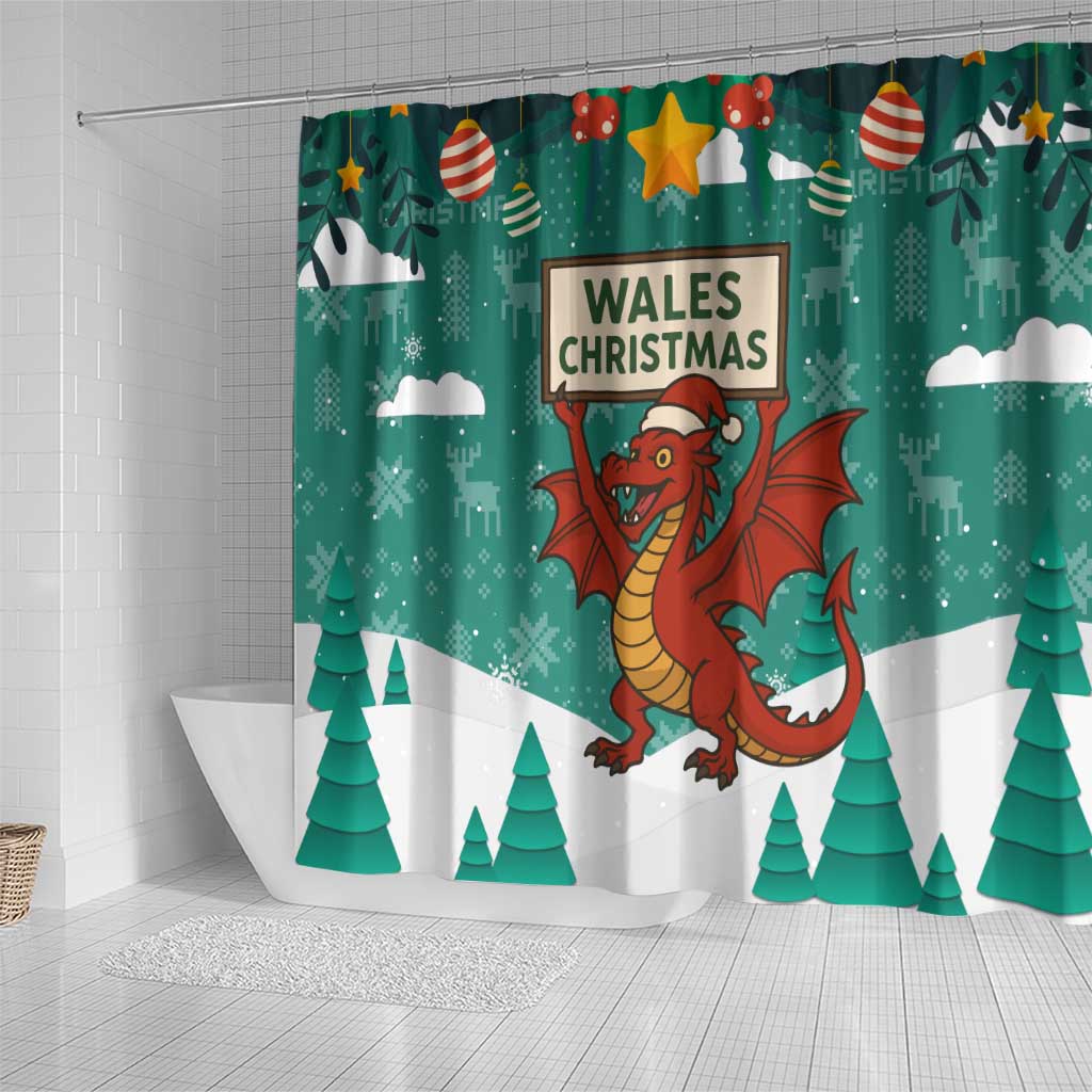 Wales Christmas Shower Curtain with Red Dragon Santa Sleigh and Festive Green Snowflake - Wonder Print Shop