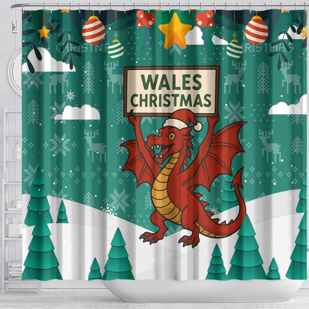 Wales Christmas Shower Curtain with Red Dragon Santa Sleigh and Festive Green Snowflake - Wonder Print Shop