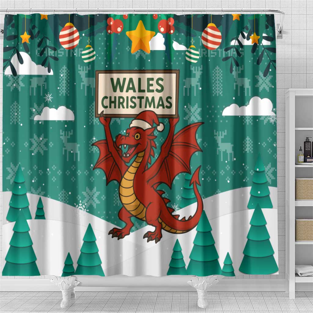 Wales Christmas Shower Curtain with Red Dragon Santa Sleigh and Festive Green Snowflake - Wonder Print Shop