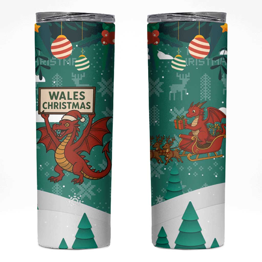 Wales Christmas Skinny Tumbler with Red Dragon Santa Sleigh and Festive Green Snowflake - Wonder Print Shop