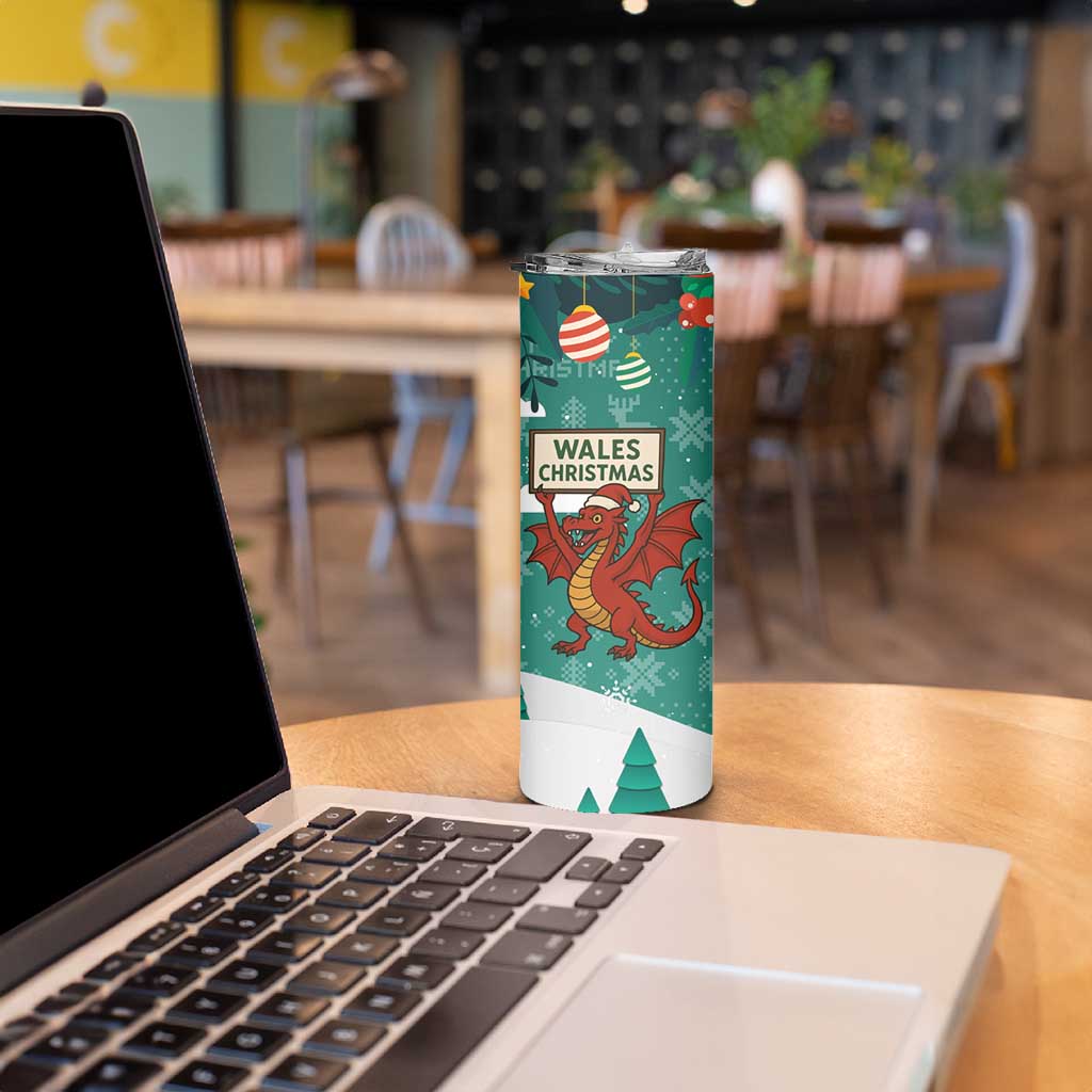 Wales Christmas Skinny Tumbler with Red Dragon Santa Sleigh and Festive Green Snowflake - Wonder Print Shop