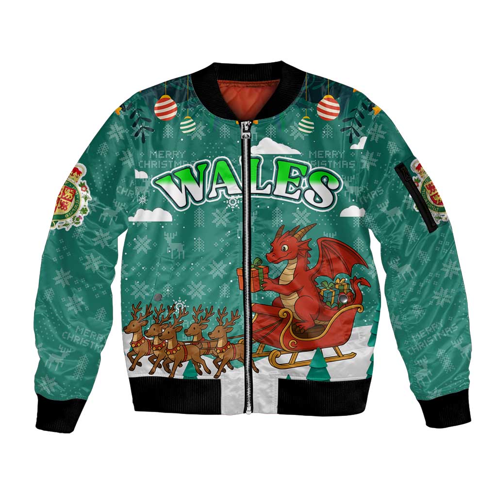 Wales Christmas Sleeve Zip Bomber Jacket with Red Dragon Santa Sleigh and Festive Green Snowflake - Wonder Print Shop