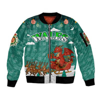 Wales Christmas Sleeve Zip Bomber Jacket with Red Dragon Santa Sleigh and Festive Green Snowflake - Wonder Print Shop