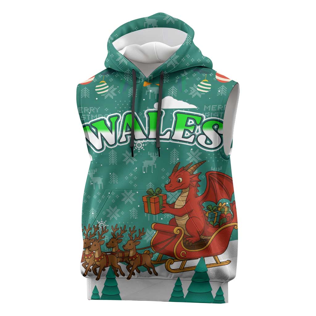 Wales Christmas Sleeveless Hoodie with Red Dragon Santa Sleigh and Festive Green Snowflake - Wonder Print Shop