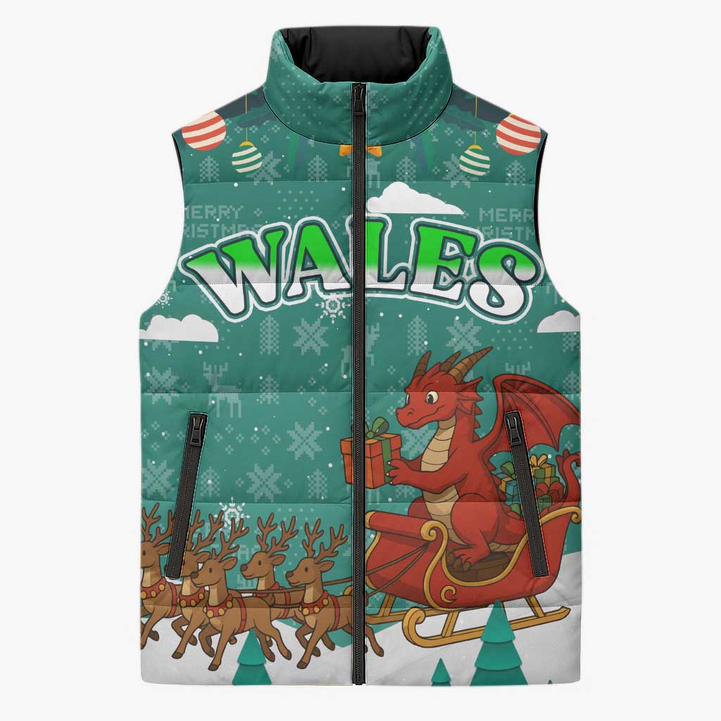 Wales Christmas Sleeveless Puffer Jacket with Red Dragon Santa Sleigh and Festive Green Snowflake - Wonder Print Shop