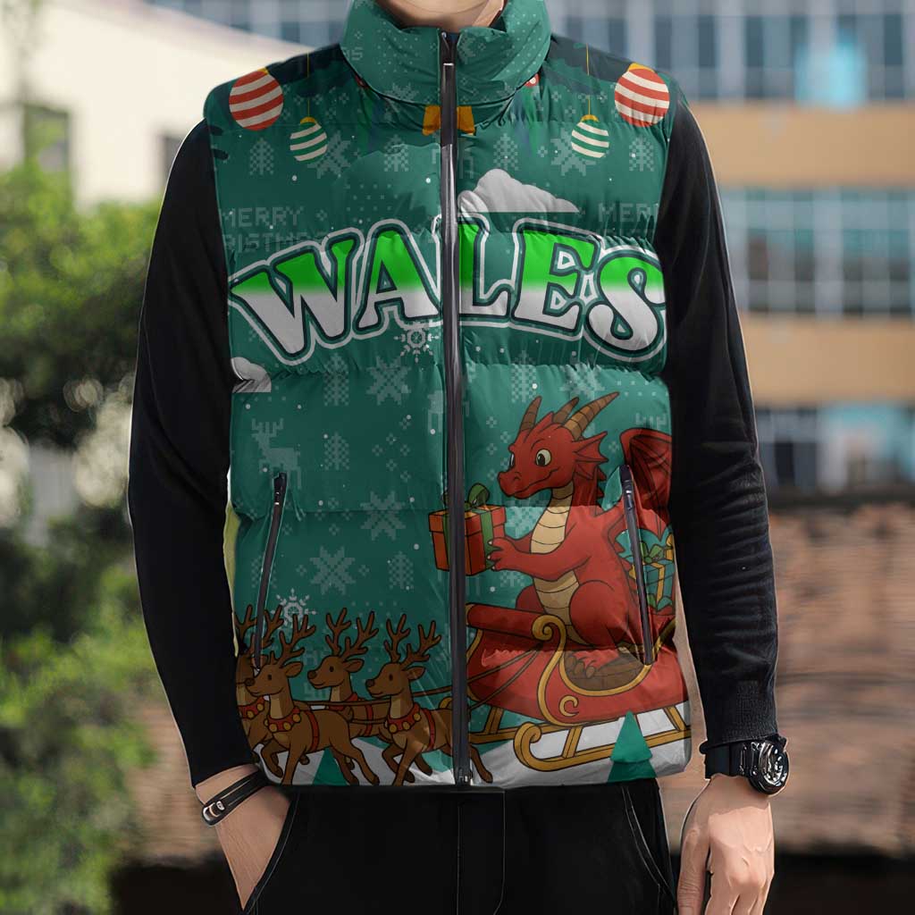 Wales Christmas Sleeveless Puffer Jacket with Red Dragon Santa Sleigh and Festive Green Snowflake - Wonder Print Shop