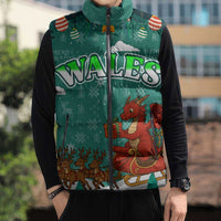 Wales Christmas Sleeveless Puffer Jacket with Red Dragon Santa Sleigh and Festive Green Snowflake - Wonder Print Shop