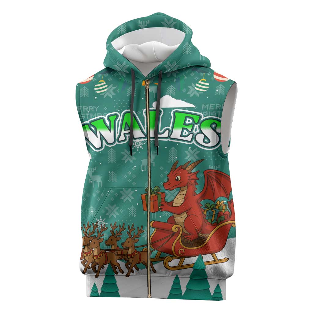 Wales Christmas Sleeveless Zip Hoodie with Red Dragon Santa Sleigh and Festive Green Snowflake - Wonder Print Shop