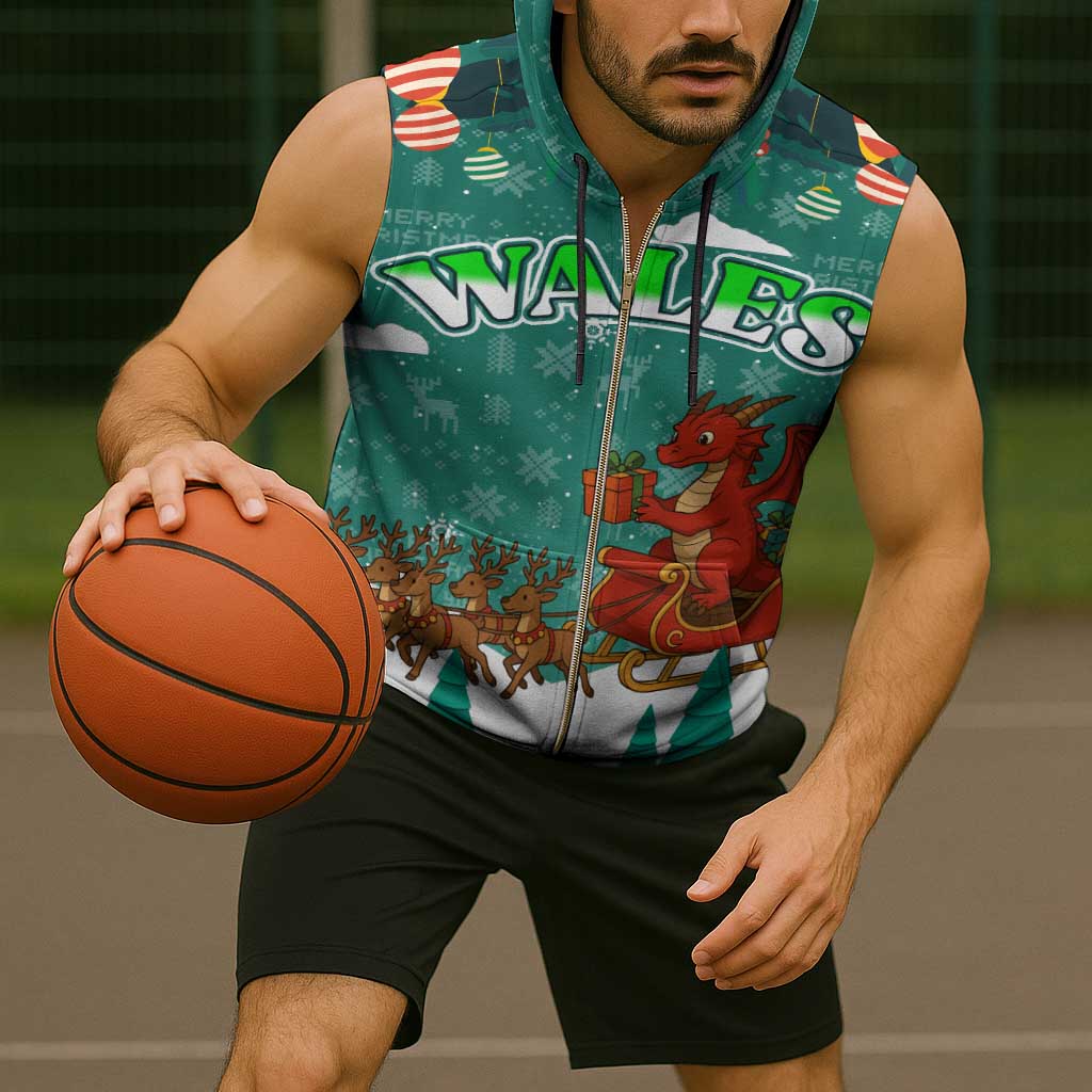 Wales Christmas Sleeveless Zip Hoodie with Red Dragon Santa Sleigh and Festive Green Snowflake - Wonder Print Shop