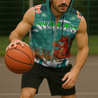 Wales Christmas Sleeveless Zip Hoodie with Red Dragon Santa Sleigh and Festive Green Snowflake - Wonder Print Shop