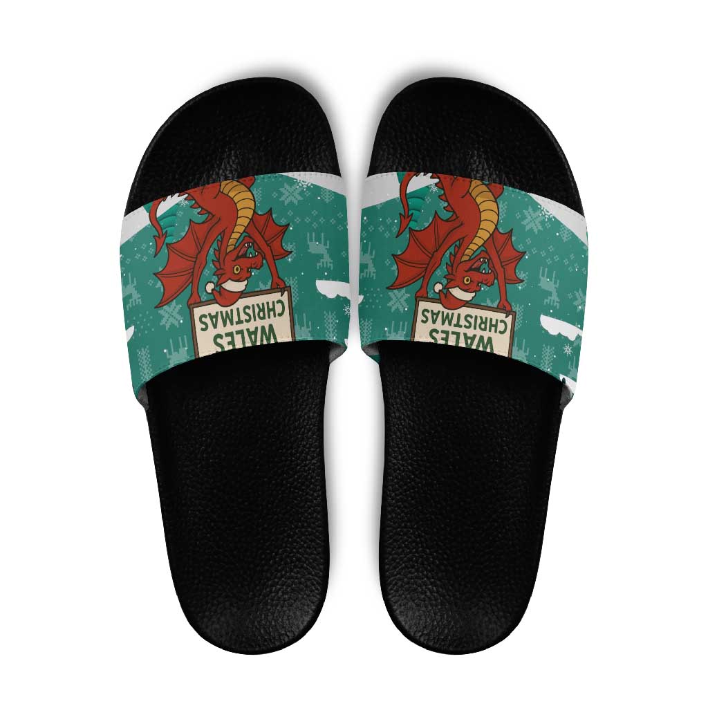 Wales Christmas Slide Sandals with Red Dragon Santa Sleigh and Festive Green Snowflake - Wonder Print Shop