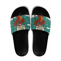 Wales Christmas Slide Sandals with Red Dragon Santa Sleigh and Festive Green Snowflake - Wonder Print Shop