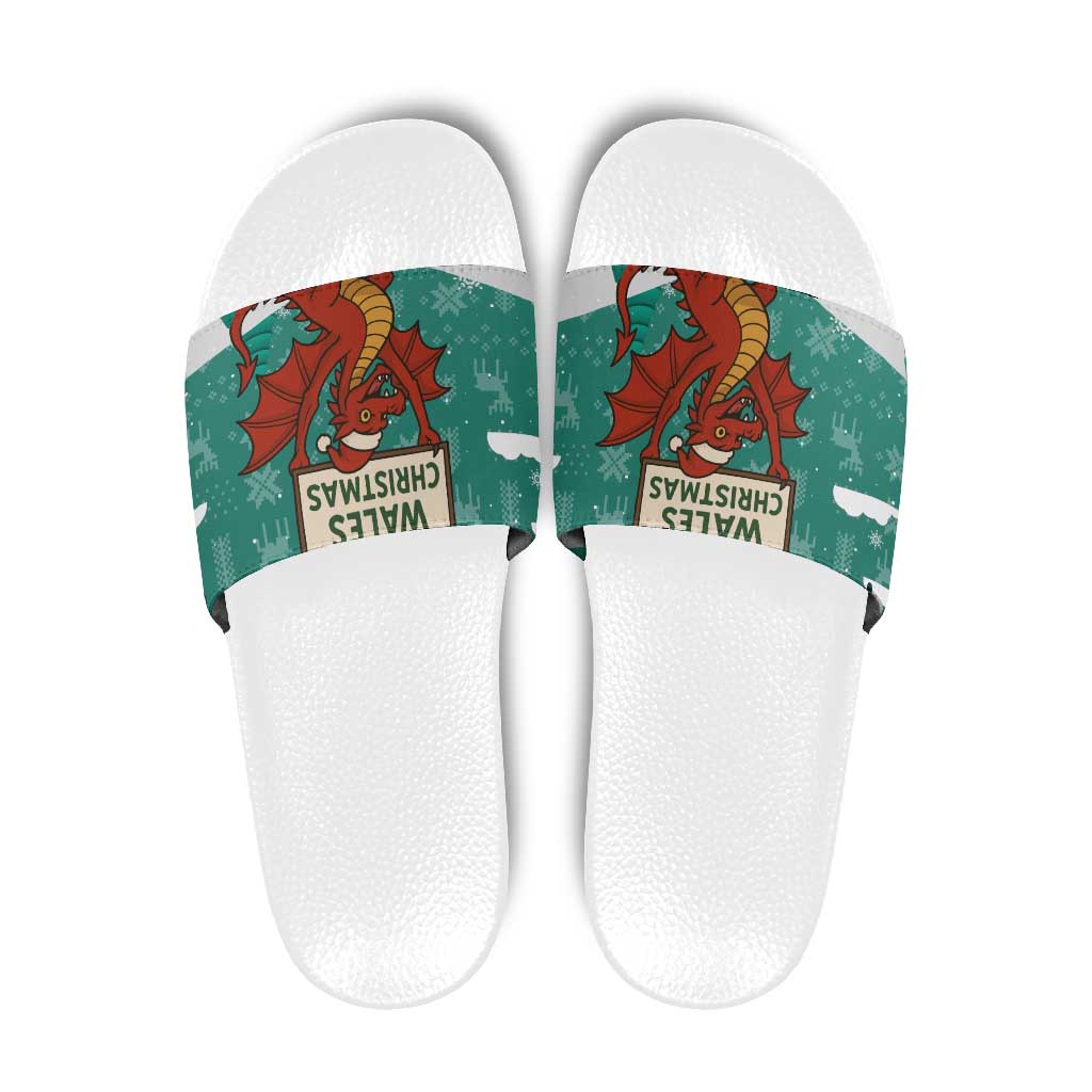 Wales Christmas Slide Sandals with Red Dragon Santa Sleigh and Festive Green Snowflake - Wonder Print Shop