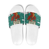 Wales Christmas Slide Sandals with Red Dragon Santa Sleigh and Festive Green Snowflake - Wonder Print Shop