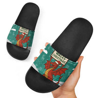 Wales Christmas Slide Sandals with Red Dragon Santa Sleigh and Festive Green Snowflake - Wonder Print Shop