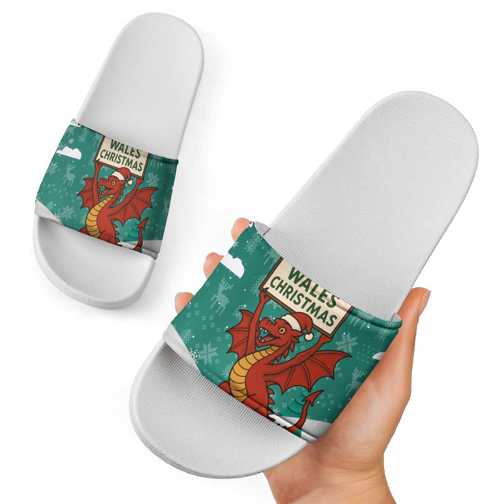 Wales Christmas Slide Sandals with Red Dragon Santa Sleigh and Festive Green Snowflake - Wonder Print Shop