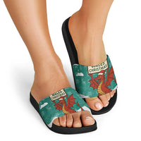 Wales Christmas Slide Sandals with Red Dragon Santa Sleigh and Festive Green Snowflake - Wonder Print Shop