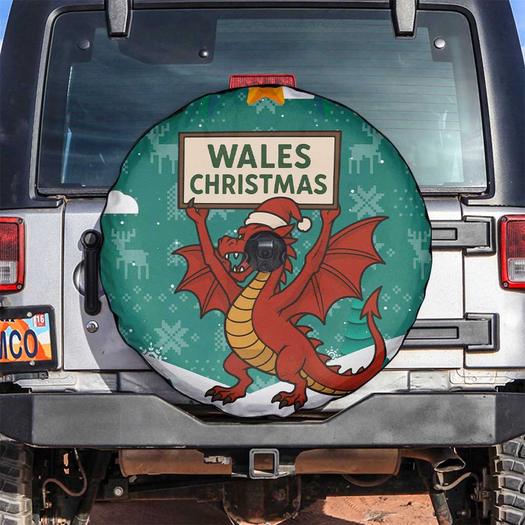 Wales Christmas Spare Tire Cover with Red Dragon Santa Sleigh and Festive Green Snowflake - Wonder Print Shop
