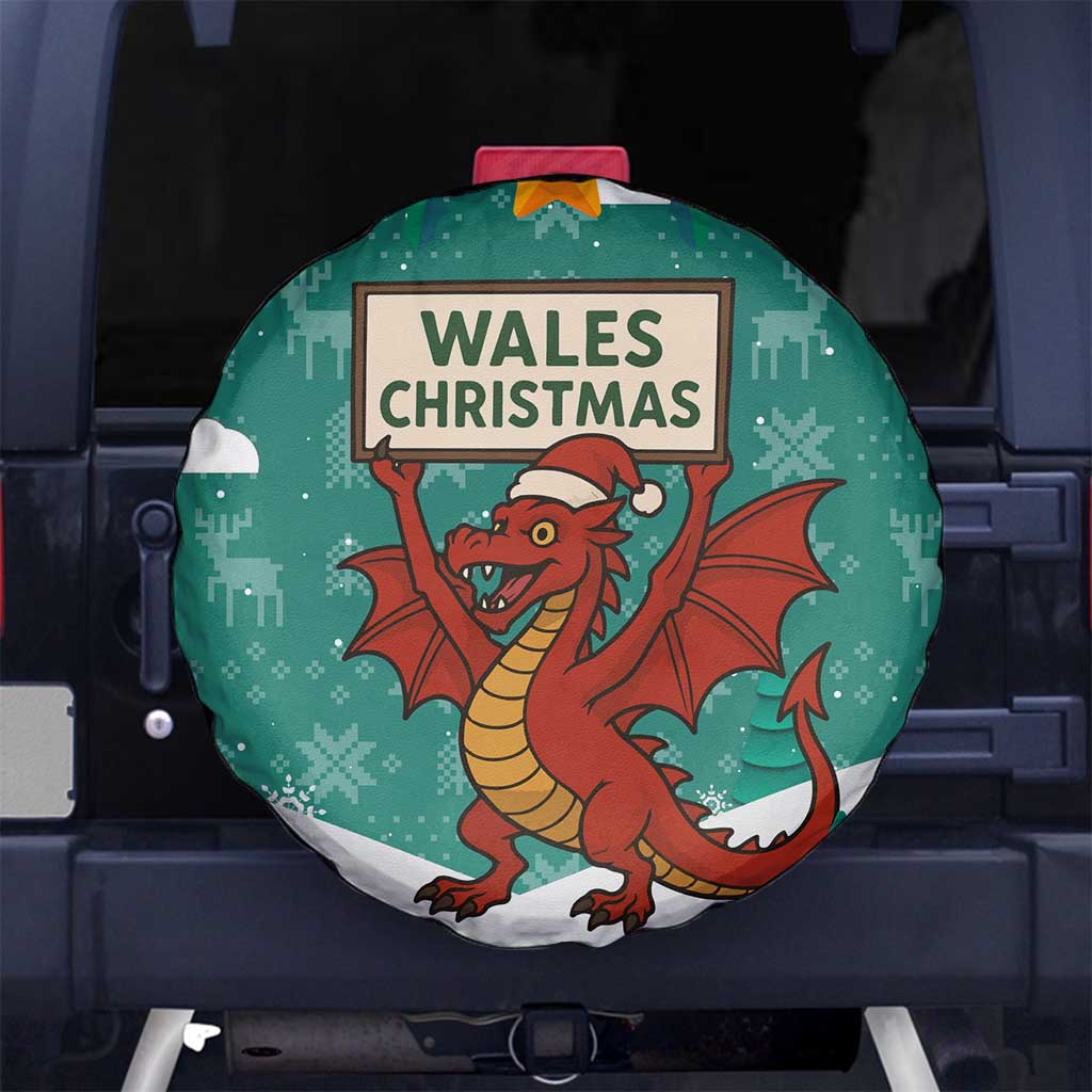 Wales Christmas Spare Tire Cover with Red Dragon Santa Sleigh and Festive Green Snowflake - Wonder Print Shop