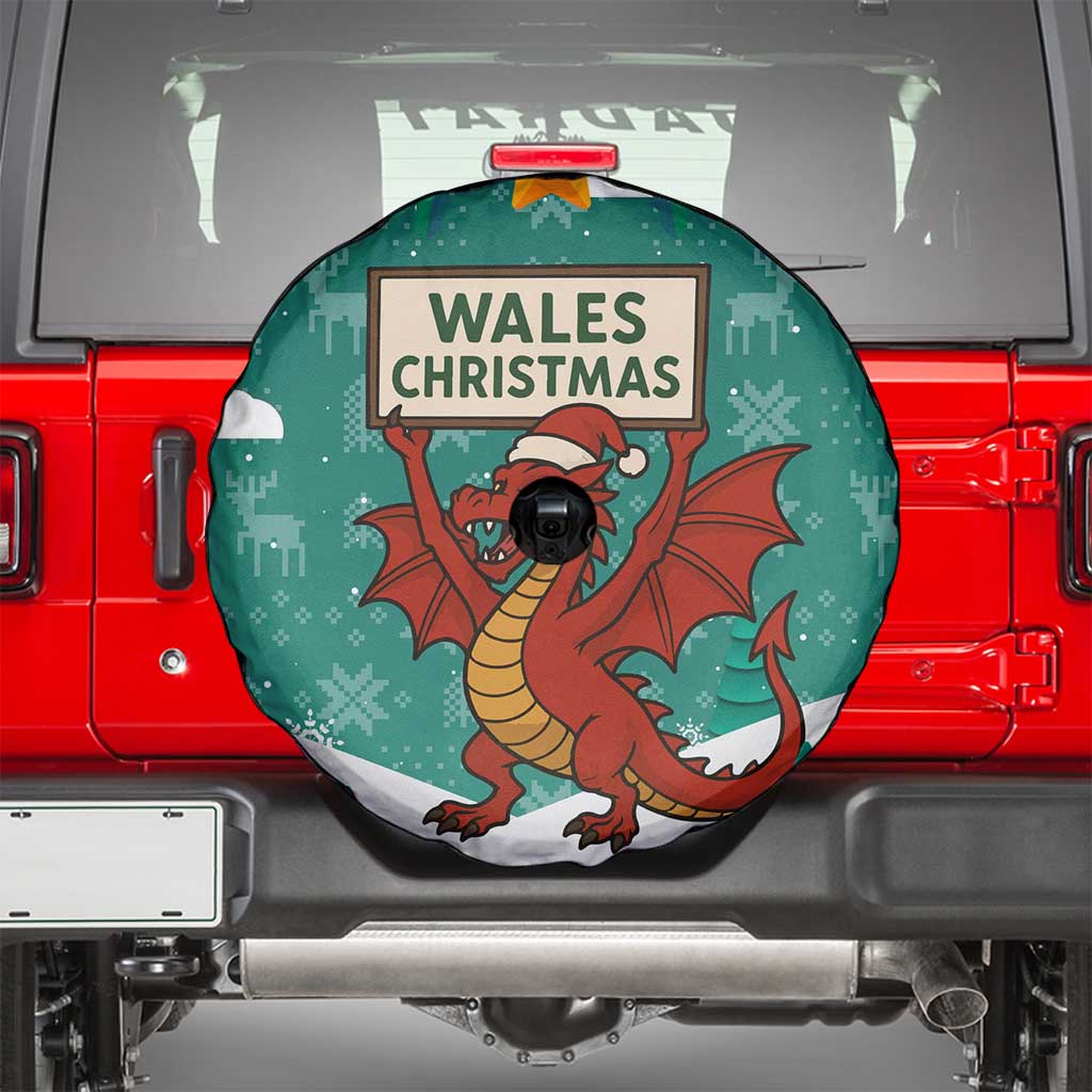 Wales Christmas Spare Tire Cover with Red Dragon Santa Sleigh and Festive Green Snowflake - Wonder Print Shop
