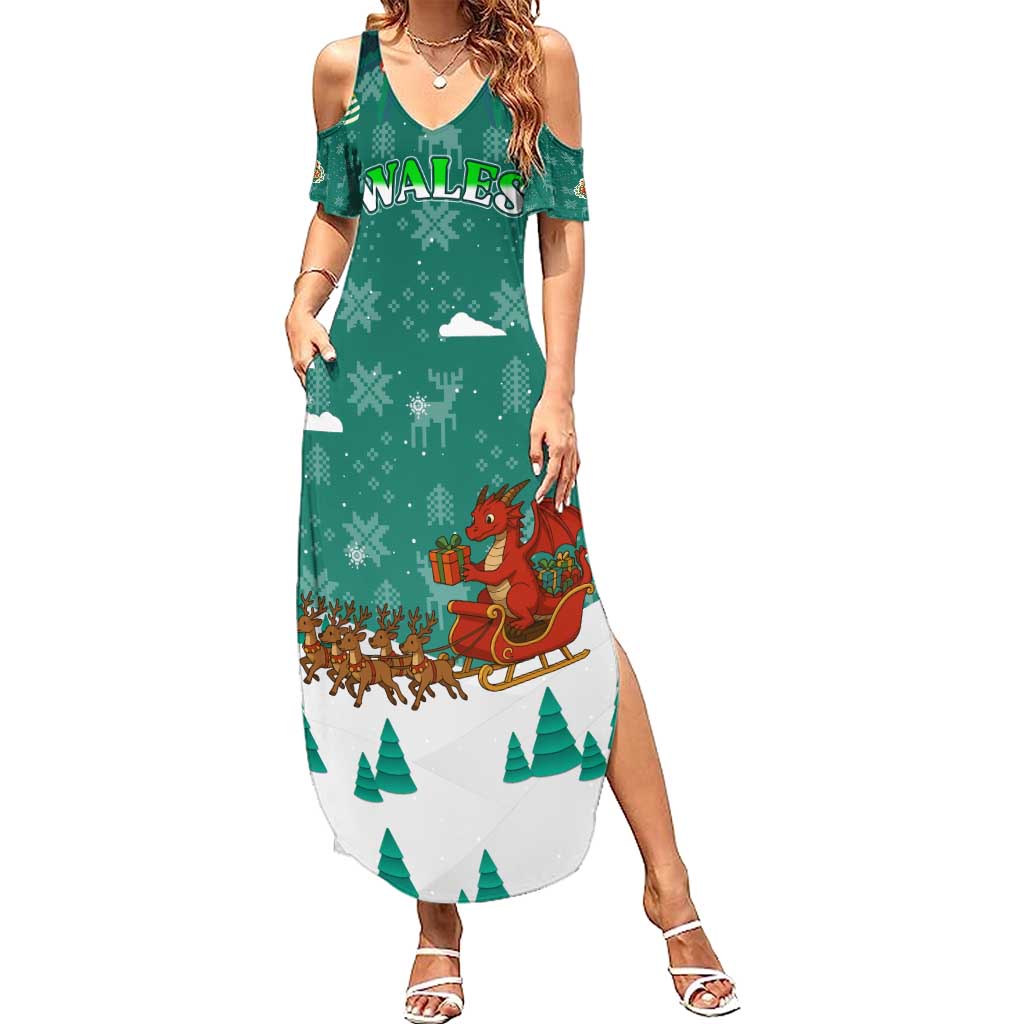 Wales Christmas Summer Maxi Dress with Red Dragon Santa Sleigh and Festive Green Snowflake - Wonder Print Shop