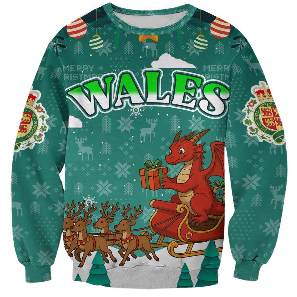 Wales Christmas Sweatshirt with Red Dragon Santa Sleigh and Festive Green Snowflake - Wonder Print Shop