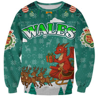 Wales Christmas Sweatshirt with Red Dragon Santa Sleigh and Festive Green Snowflake - Wonder Print Shop