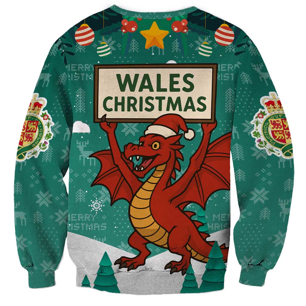 Wales Christmas Sweatshirt with Red Dragon Santa Sleigh and Festive Green Snowflake - Wonder Print Shop