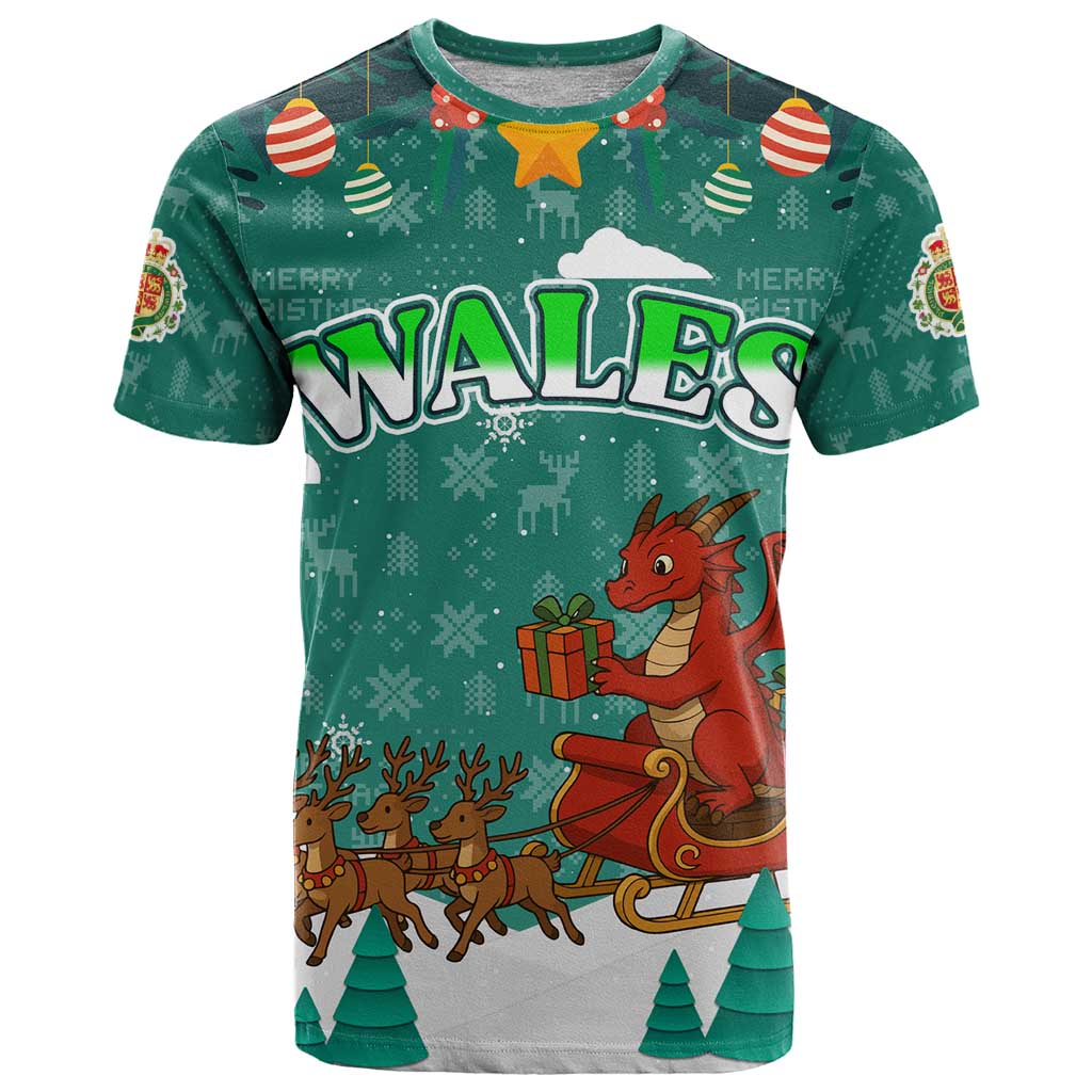Wales Christmas T Shirt with Red Dragon Santa Sleigh and Festive Green Snowflake - Wonder Print Shop
