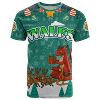 Wales Christmas T Shirt with Red Dragon Santa Sleigh and Festive Green Snowflake - Wonder Print Shop