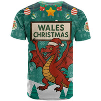 Wales Christmas T Shirt with Red Dragon Santa Sleigh and Festive Green Snowflake - Wonder Print Shop
