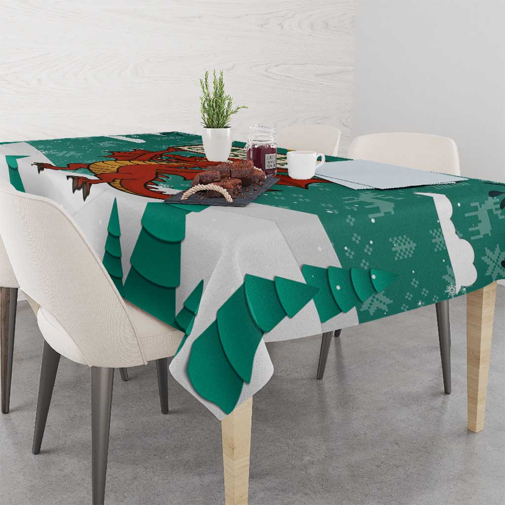 Wales Christmas Tablecloth with Red Dragon Santa Sleigh and Festive Green Snowflake - Wonder Print Shop