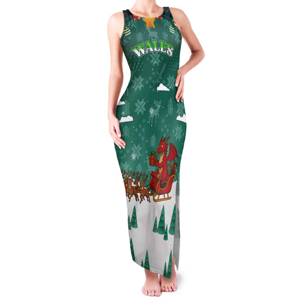Wales Christmas Tank Maxi Dress with Red Dragon Santa Sleigh and Festive Green Snowflake - Wonder Print Shop