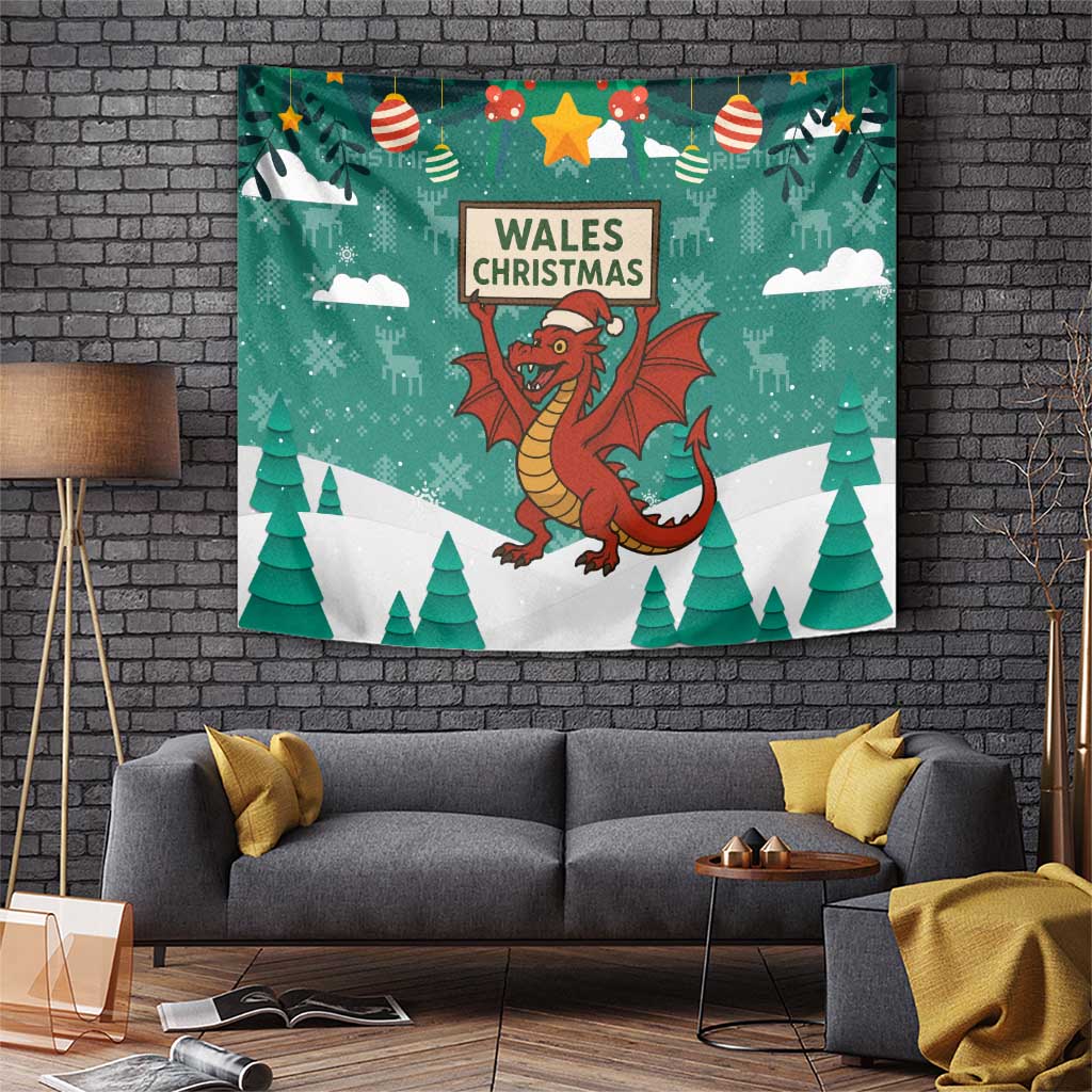 Wales Christmas Tapestry with Red Dragon Santa Sleigh and Festive Green Snowflake - Wonder Print Shop