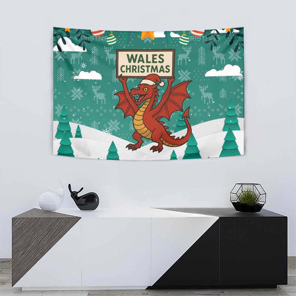 Wales Christmas Tapestry with Red Dragon Santa Sleigh and Festive Green Snowflake - Wonder Print Shop